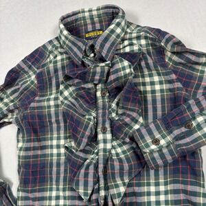 Ralph Lauren Rugby Plaid Ruffle Shirt Womens 0 Green Navy Blue Long‎ Sleeve